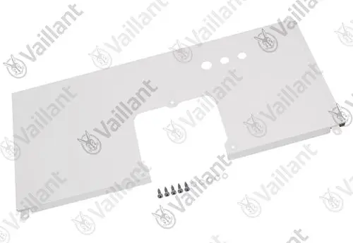 Weiße Rückwand von Vaillant mit Ausschnitten und mehreren Schrauben, geeignet für Montage.